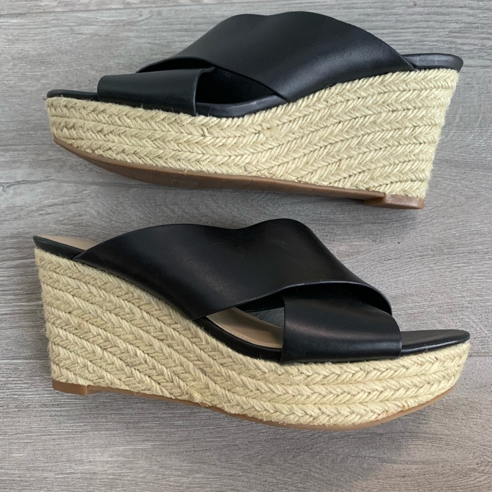 Via Spiga Black Leather Espadrille Sandal Wedges 8M - Picture 5 of 11